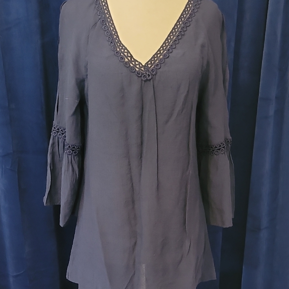 New Directions Blue Tunic with Embellished Neckline and 3/4 Bell Sleeves
